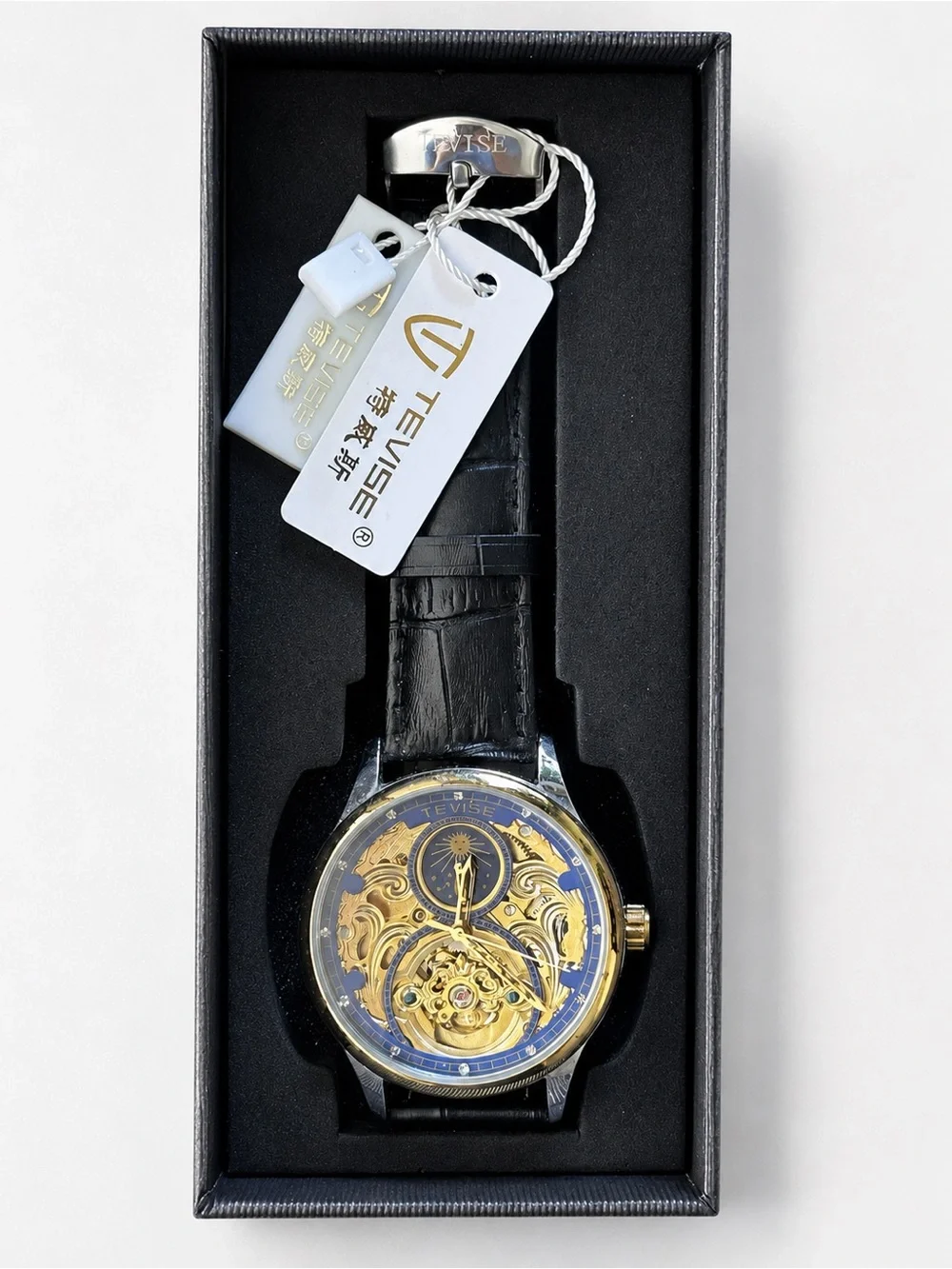 TEVISE T820 Men’s Automatic Skeleton Watch Blue Gold Leather Box Tags